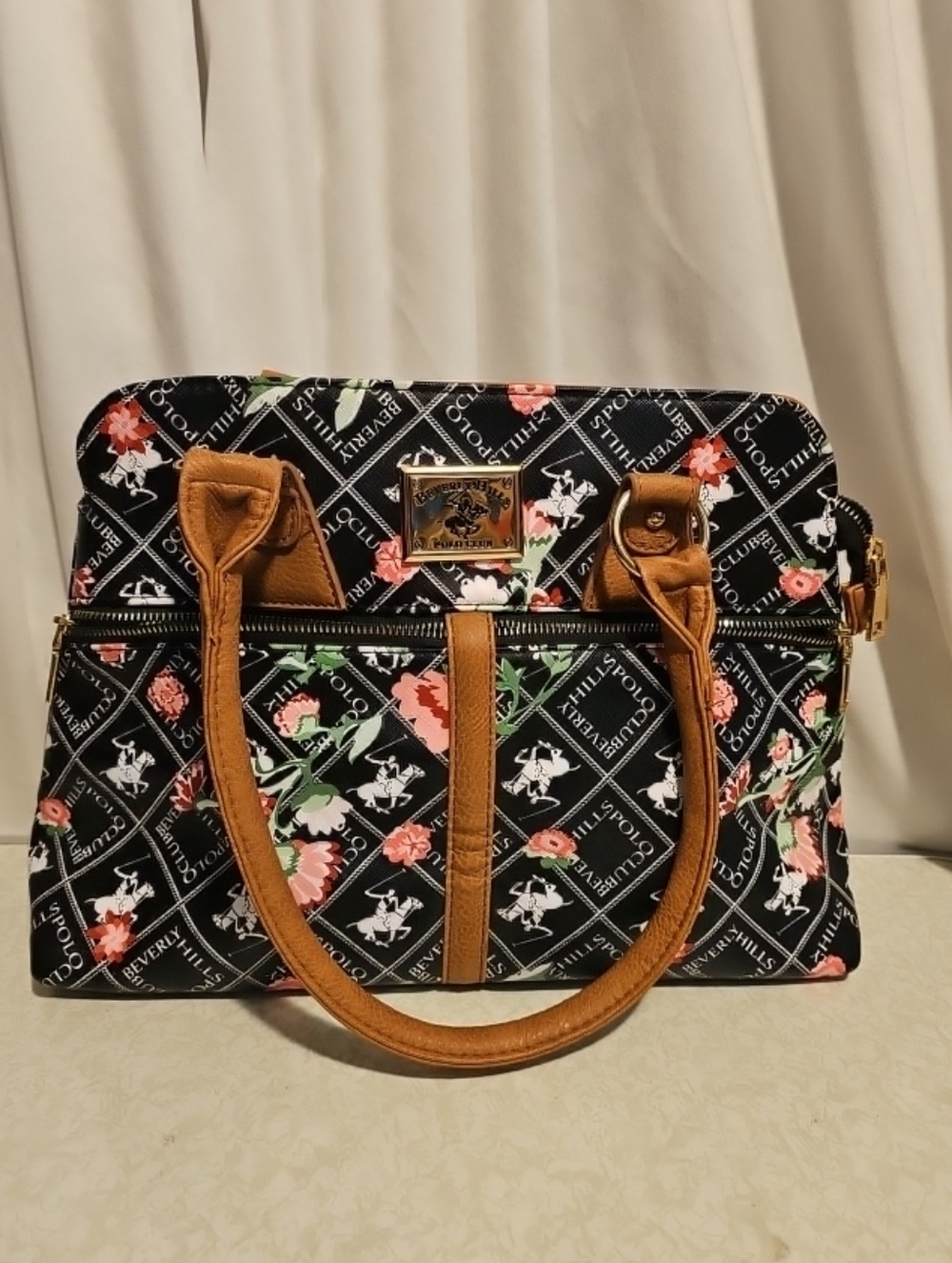 Beverly Hills Polo Club Black Floral Satchel with Tan Trim. New